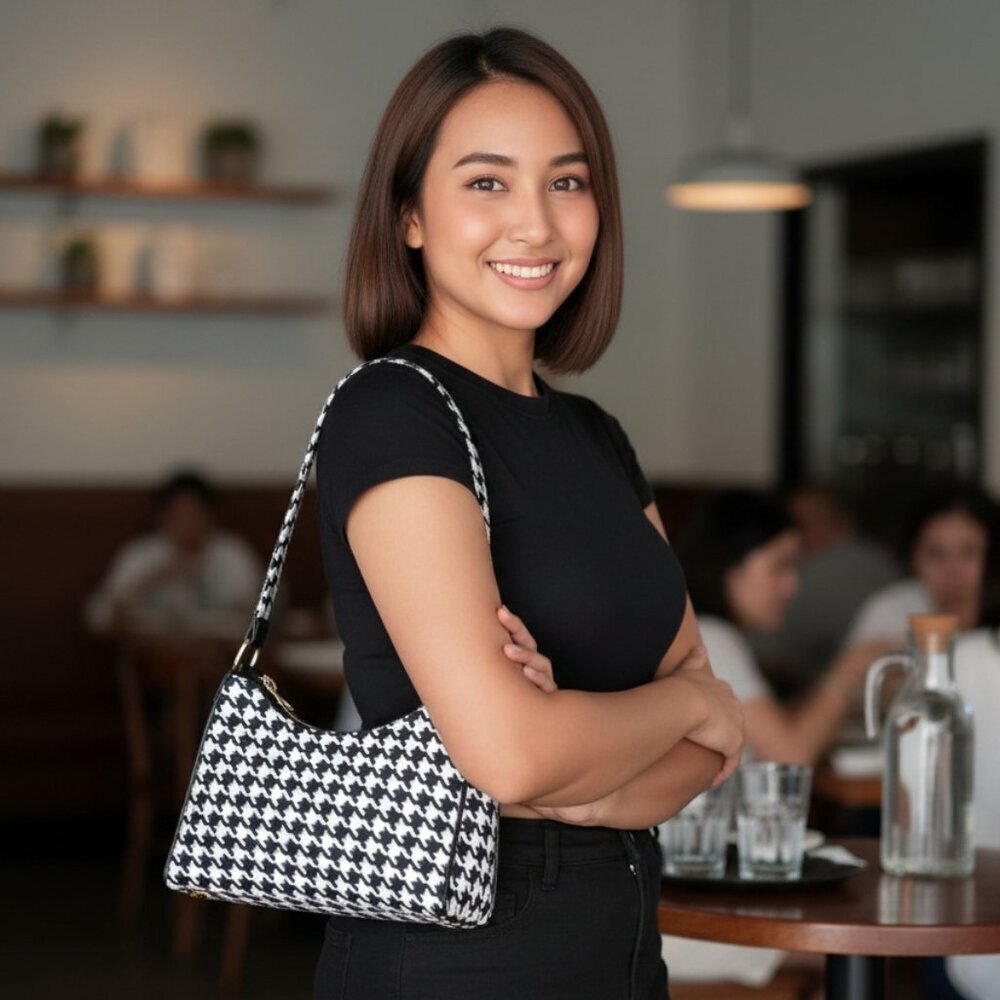 Houndstooth Baguette Shoulder Bag Black White PU Leather Y2K Streetwear Purse